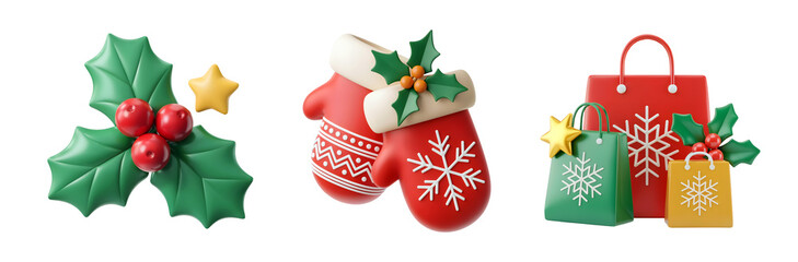 Festive Christmas shopping icons with holly mittens and bags for holiday decorations isolated on png transparent background