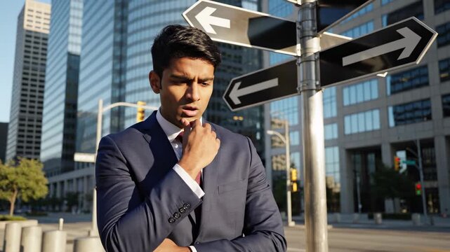 Indecisive young professional in a modern city looking at a multi directional signpost, pondering his career path and future opportunities with a thoughtful and concerned expression