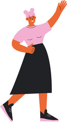 A woman in a pink shirt and black skirt is waving
