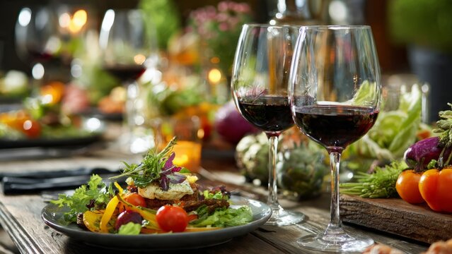 An elegantly set dining table with wine and fresh vegan food.