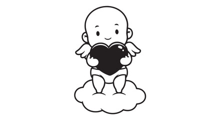 Obraz premium Playful cartoon angel perched on a cloud and holding a heart for a gentle, whimsical scene.
