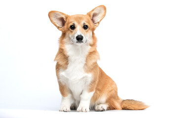 Calm Red and White Pembroke Welsh Corgi Dog Sitting and Looking at Camera, Isolated on White.