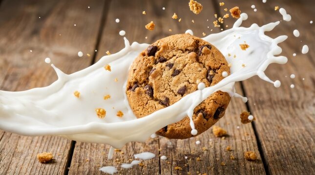 Cookie splashing into milk with flying crumbs on wooden surface  