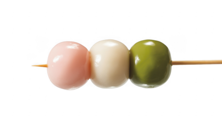 Three colorful dango balls on a wooden skewer isolated on a transparent background