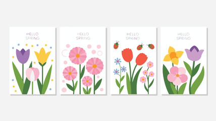 Collection of Four Spring Greeting Cards with Flowers