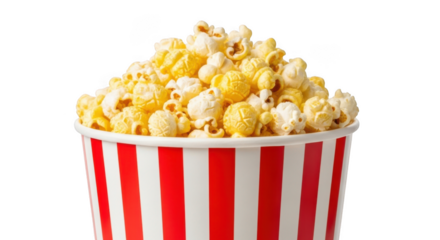 Delicious popcorn in a red and white striped bucket isolated on transparent background