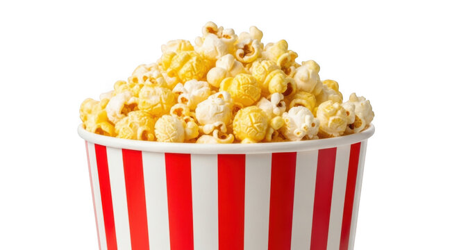 Delicious popcorn in a red and white striped bucket isolated on transparent background