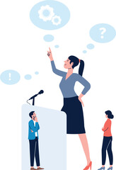 A woman is pointing at a podium with a microphone and a man is looking at her