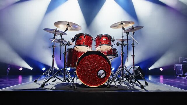 Dynamic stage lighting illuminates a red drum set ready for performance