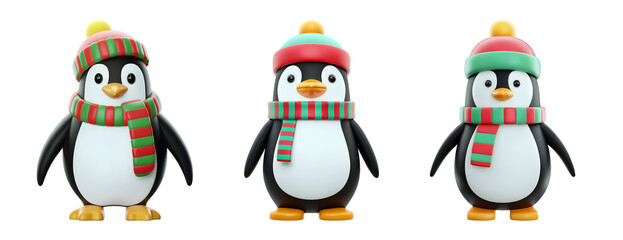 Fototapeta premium Festive 3D penguins wearing colorful hats and scarves bring cheerful winter holiday vibes to your designs isolated on png transparent background