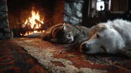 A tranquil scene of a dog and cat sleeping peacefully side-by-side on a thick rug in front of a warm, crackling fire,
