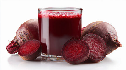 Glass of fresh beetroot juice with whole and sliced beetroots isolated on white background healthy beverage