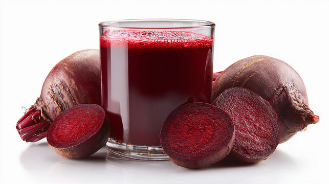 Glass of fresh beetroot juice with whole and sliced beetroots isolated on white background healthy beverage - Powered by Adobe