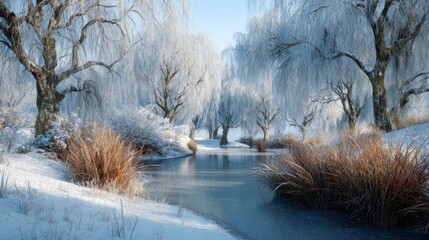 A tranquil scene of a small pond partially frozen over, surrounded by snow-dusted, decorated willow trees,