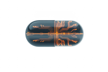 Transparent capsule with glowing orange circuit board isolated on a transparent background
