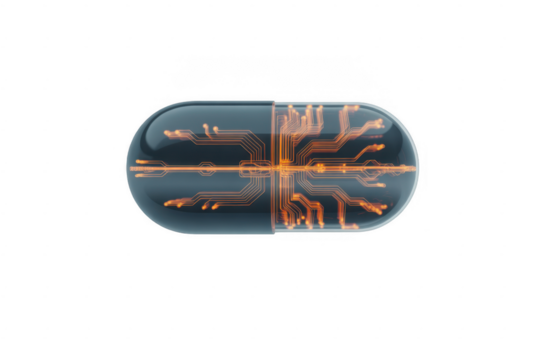 Transparent capsule with glowing orange circuit board isolated on a transparent background - Powered by Adobe
