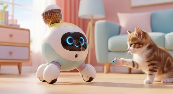 Spherical automated pet feeder device interacts playfully with a small feline on a wooden floor