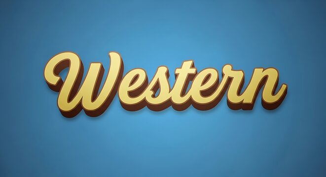 Western" text in a luxurious golden retro script typography, featuring elegant shadows against a vibrant blue backdrop, perfect for vintage branding and classic design projects