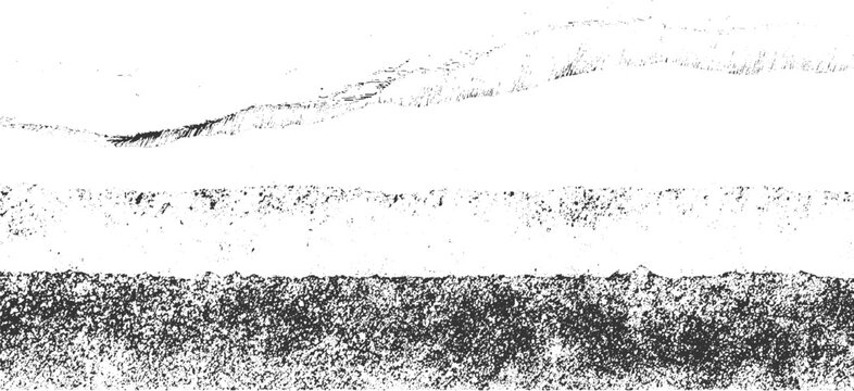 Black and white textured abstract landscape with rough ground and distant hills background