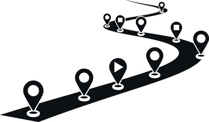 Road map with location pins marking destinations and points of interest