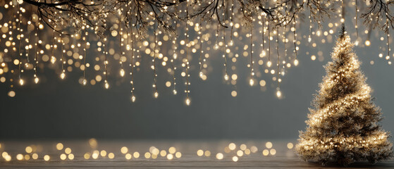 Twinkling string lights and glowing Christmas tree