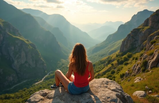 Young woman sits on cliff edge looking at mountain valley. Female hiker relaxes, enjoys scenic nature view. Outdoor activity, solo travel, peaceful moment. - Powered by Adobe