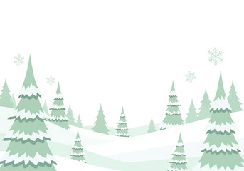 Obraz premium Winter landscape illustration with snow-covered evergreen trees and falling snowflakes against a white background.