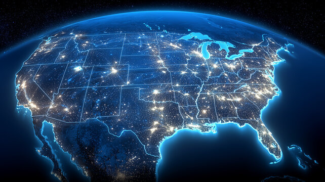 A glowing map of the United States viewed from space, highlighting illuminated infrastructure networks that symbolize connection, communication and nationwide technological integration.
