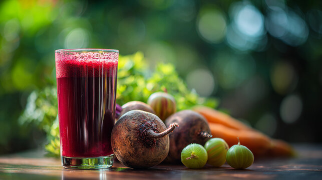 Refreshing beetroot juice with fresh vegetables and fruits on a wooden table in a natural setting