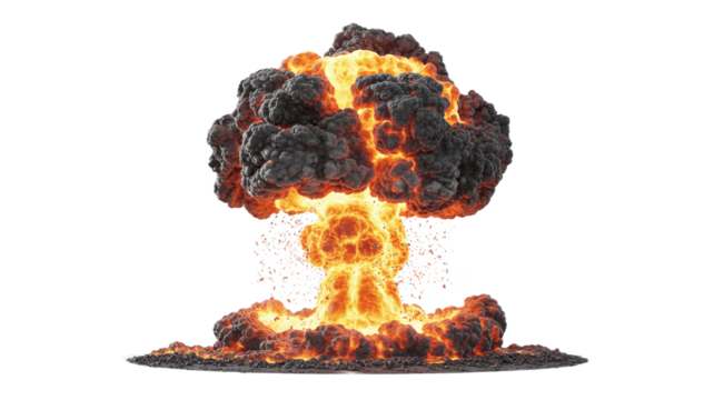 Massive fireball explosion with thick rising dark smoke and bright glowing flames, creating a mushroom cloud shape, isolated on a clean white background.