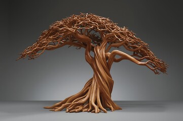 Intricate wooden sculpture of a twisted tree with a dense canopy and gnarled roots