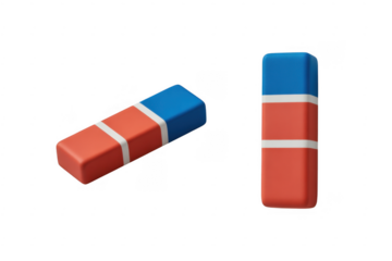 Two dual-color erasers red blue and white stripes isolated on a transparent background