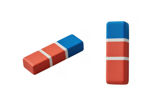 Two dual-color erasers red blue and white stripes isolated on a transparent background