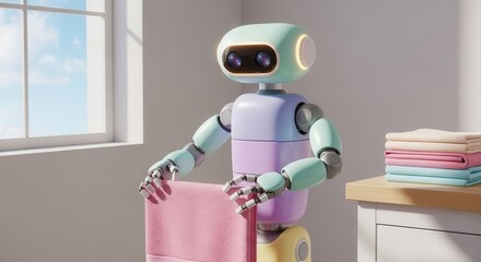 Colorful humanoid automaton performs domestic chore assistance by handling fabric item indoors