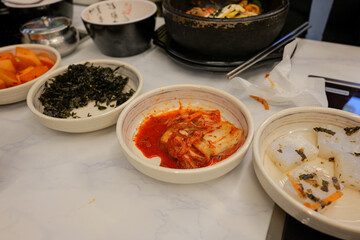 Assorted Korean Side Dishes on Restaurant Table