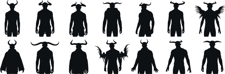 Collection of Horned Monster and Demon Silhouettes - Dark Fantasy Vector Set of Mythical, Evil, and Horror Creatures - Game Design Elements.