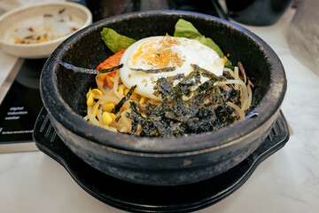 Korean Bibimbap Served in Hot Stone Bowl
