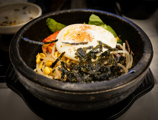 Korean Bibimbap Served in Hot Stone Bowl