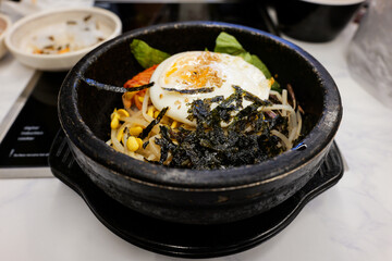 Korean Bibimbap Served in Hot Stone Bowl