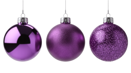 Set of three stunning purple Christmas ornaments with contrasting textures: high gloss, soft matte, and heavy glitter finish, isolated on a clean white background.