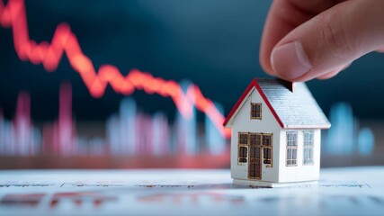 Hand holding a model house against a backdrop of financial data depicting market trends in slow motion - Powered by Adobe