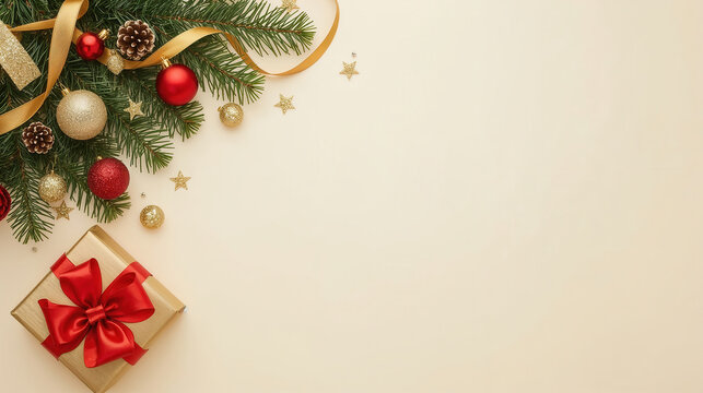 Decorazioni natalizie con rami di abete e regalo su sfondo beige. Generative AI 