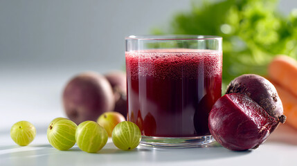 A glass of fresh beetroot juice with gooseberries and beetroot on a white surface, healthy drink