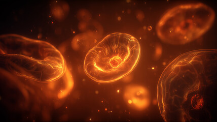 A conceptual representation of living cells in fluid motion highlighting biological transformation, cellular activity, and essential processes within microscopic environments.
