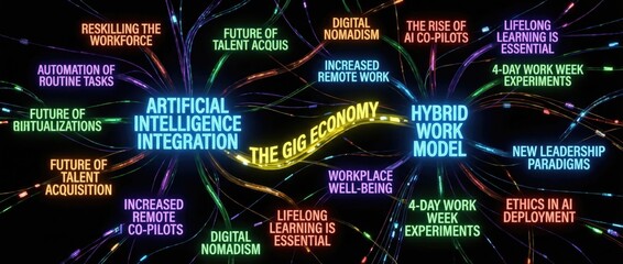 Naklejka premium Future of Work AI, Hybrid Models, and Gig Economy Concepts