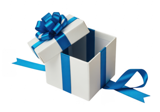 White gift box with open lid and blue ribbon bow isolated on a transparent background