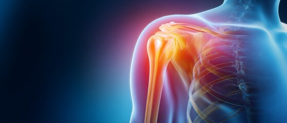 Navigating frozen shoulder: overcoming impingement syndrome. Clear focus. Understanding shoulder pain: visualizing impingement and relief. Design template. Studio shot.