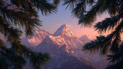 A view of a mountain range at sunset, the snow-covered peaks catching the orange light, framed by decorated pine branches,
