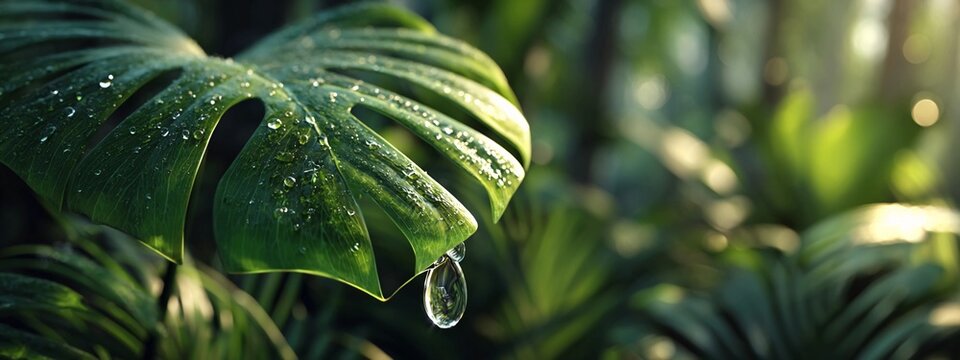 Monstera leaf with water droplet in sunlight