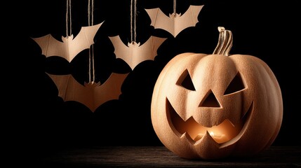Glowing jack o lantern pumpkin casts light in dark spooky Halloween setting with hanging bats.